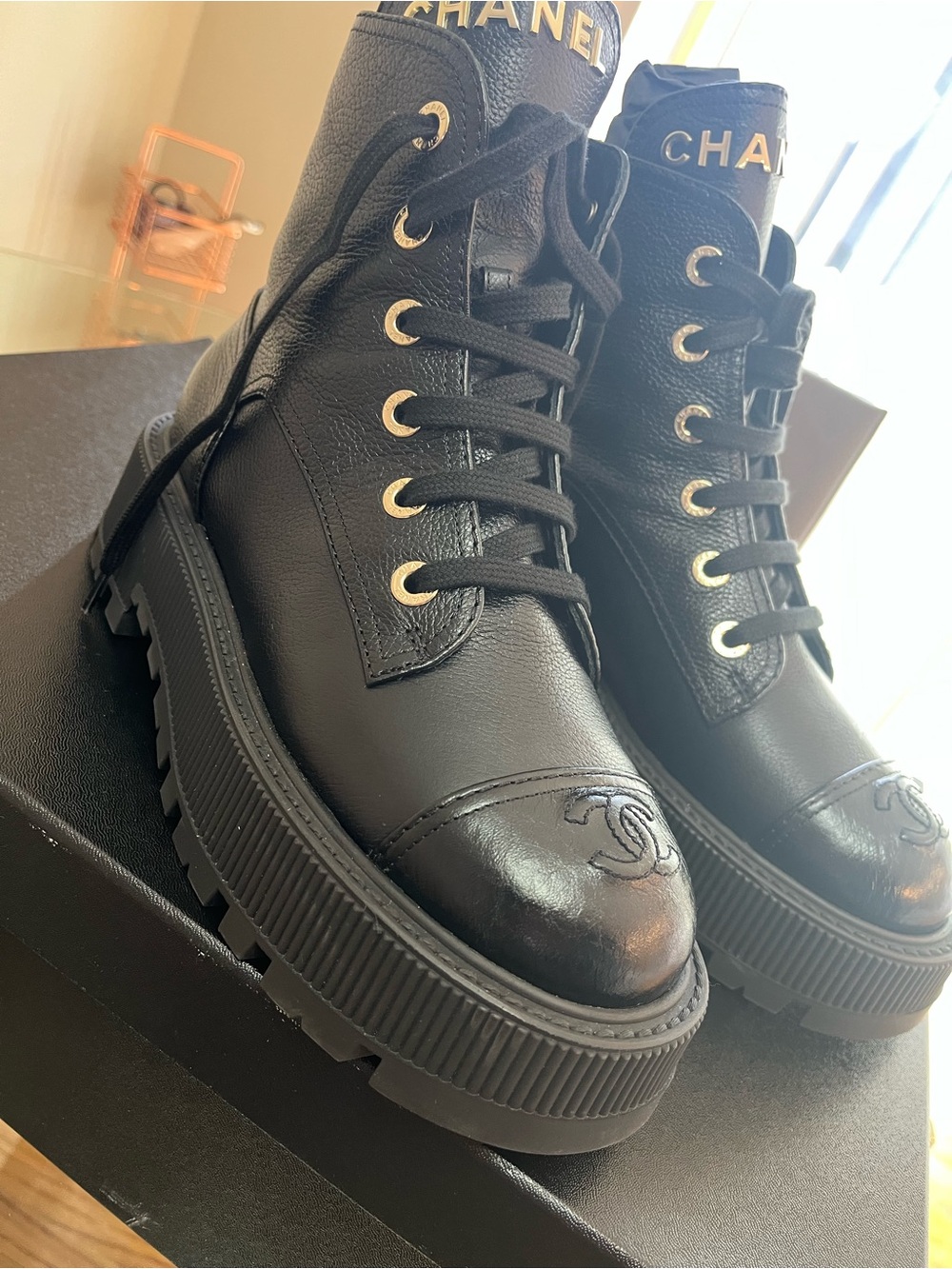 CHANEL Black Leather Lace-Up Platform Ankle Boots with Gold Logo - Picture 3 of 11